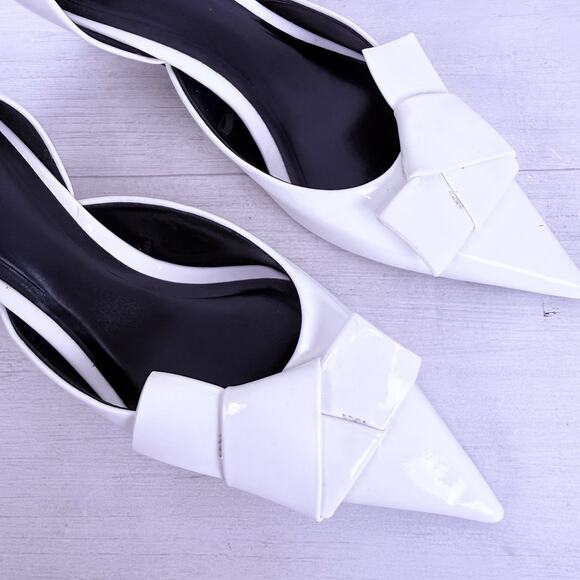 Zara Pointed Toe Patent Leather Pumps Kitten Heels Size 8 White Bow Detail - Picture 5 of 15